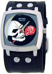 Leather Band White Skeleton Skull Bones Holding Red Rose Trendy Design Steel Wide Band Black Dial Gothic Punk Biker Wristband Watch
