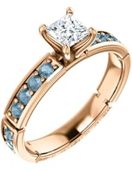 14K Rose Gold Princess Cut White and Blue Diamond Ring -- LIFETIME WARRANTY