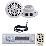 Pyle Marine Radio Receiver, Speaker and Cable Package - PLMR18 AM/FM-MPX PLL Tuning Radio w/SD/MMC Memory Card Slot & USB - PLMR52 150 Watt 5.25 2 Way White Marine Speakers (Pair) - PLMRNT1 22" Weather Resistant Radio AM/FM Marine Wire Antenna