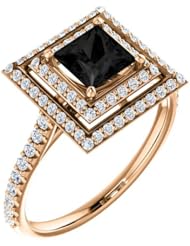 14K Rose Gold Princess Cut Black and White Diamond Double-Halo Ring -- LIFETIME WARRANTY