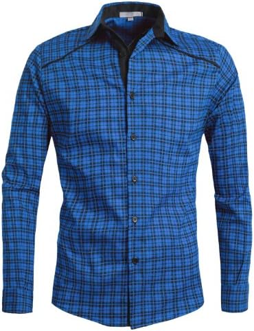 OLLIN1 Mens Slim Fit Plaid Button Down Shirt