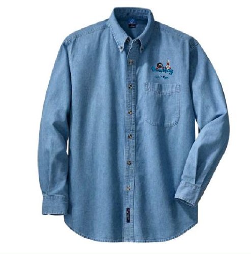 Personalized custom embroidered bowling design on denim shirt