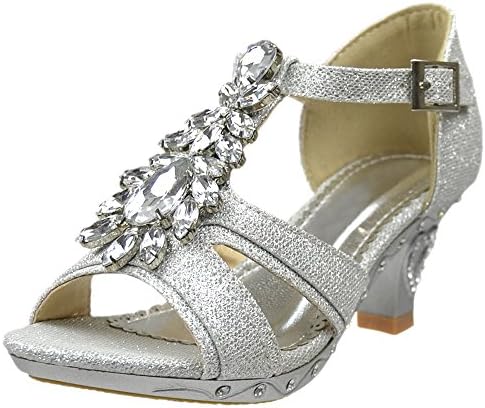 Girls T-Strap Rhinestone Jewel Glitter Pageant Dress High Heel Sandals Silver