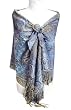 Elegant Cornflower Blue Reversible Paisley Pashmina Silk Shawl Wrap