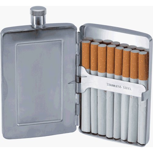 Visol 2 oz Slim Flask  Built-in Cigarette Case 