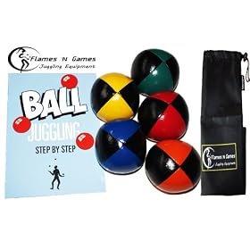 Juggling Balls set of 5 PU Pro + Juggling Ball Book of Tricks & DrawString Travel Bag!