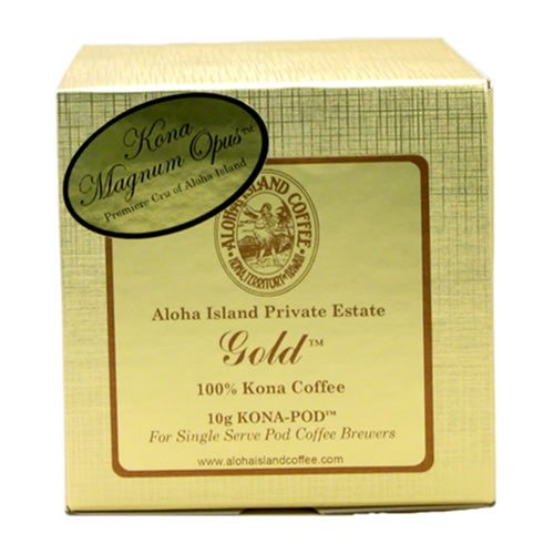 Aloha Island Coffee KONA-PODS - Gold, Premiere Kona Magnum Opus, 10 Gr 100% Pure Kona Coffee Pods, 12 Count Box