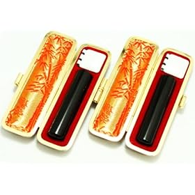 【クリックで詳細表示】銀行印/認印/黒水牛/ 2本セット【13.5/15.0】 最高級本トカゲ印鑑ケース(金枠)付