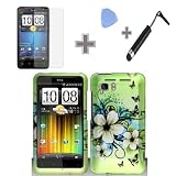 (4 Items Combo : Case - Screen Protector Film - Case Opener - Stylus Pen) Rubberized Green Hawaiian Flower Snap on Design Case Hard Case Skin Cover Faceplate for HTC Vivid / Holiday (AT&T)