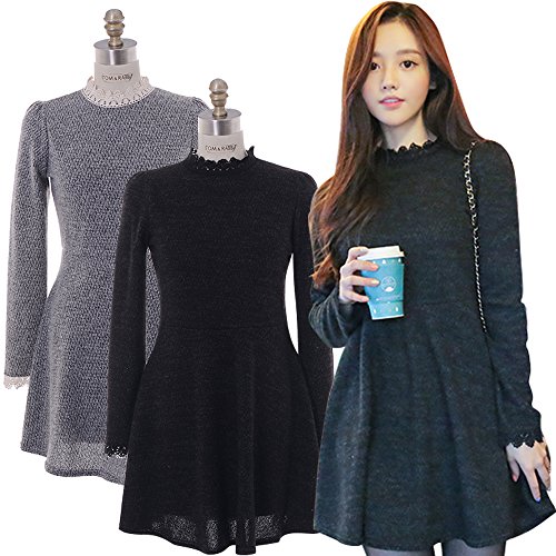 【 UN ANANAS 】 襟付 袖付 レース ワンピース フリフリ レディース チュニック ワンピ OL 春 夏 シンプル シック 女子会 デート 結婚式 二次会 同窓会 2Color FREE Size