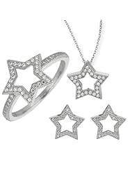 BRI Jewelry Sterling Silver 15mm Open Star W/ Clear Micropave Cubic Zirconia Set - Pendant - Post Earring - Size 8 Ring
