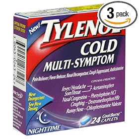 Tylenol Cold Multi-Symptom Nighttime, 24-Count Cool Burst Caplets (Pack of 3)