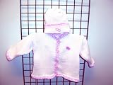 Ck605ip, Knitted on Hand Knitting Machine Then Finished By Hand Crochet Infant Girls Outfit, Containing Ivory Cotton Crocheted Pink Chenille Trim Cardigan Sweater, Hat Set with Pink Heart Applique