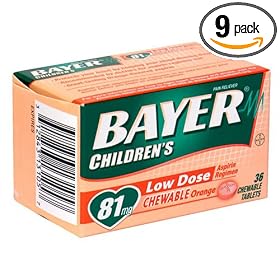 Bayer Aspirin Pain Reliever/ Fever Reducer, Children's Orange, 36-Count Chewable Tablets (Pack of 9)