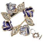 Rose Wreath Crystal Rhinestone Gold-Tone Brooch Pin - Blue