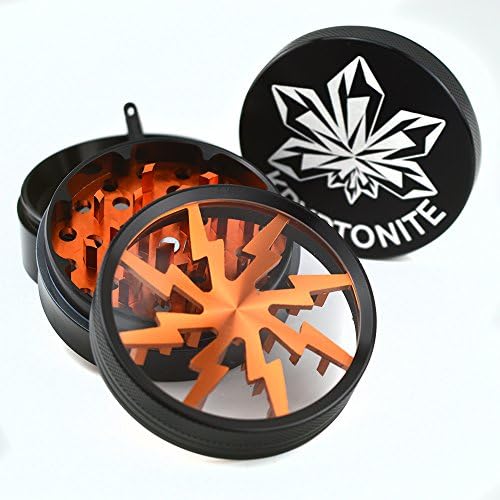 Kryptonite Grinders 2.5-Inch Large Herb Lightning Grinder with Four Piece Clear Top and Pollen Catcher, Black and Burnt Orange