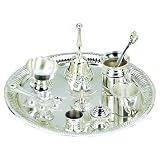 Silver Puja Thali for Hindu Temple Rituals Set of 9 Shiva, Ganesh, Laxmi, Kal...