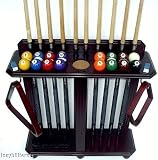 10 Cue & Pool Ball Set Floor Rack - Holder Mahogany Finish