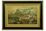 Fine European Mountain Village Landscape Artwork, Set Under Glass in Our Solid Wood Onyx and Gold Embellished Frame Since 1963