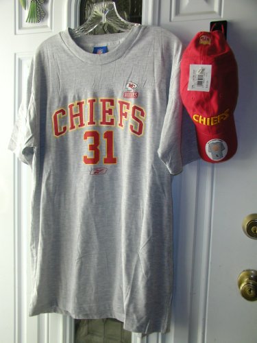 KANSAS CITY CHIEFS NFL HAT & T-SHIRT TEE COMBO RED HAT WITH CHIEFS ON FRONT AND NFL ON THE BACK REEBOK LOGO ON THE SIDE. ADJUSTABLE WITH A SNAP AND A BUTTON HOLE FOR THE EXTRA TAB. 100% COTTON. THE SHIRT IS A HEATHER GRAY GREY. SIZE LARGE. 60% COTTON 40% POLYESTER. THE FRONT FEATURES SMALL KC ARROWHEAD WITH HOLMES UNDER IT. CHIEFS 31 IN LARGE RED LETTERS AND THE REEBOK LOGO UNDER IT. NEW WITH 