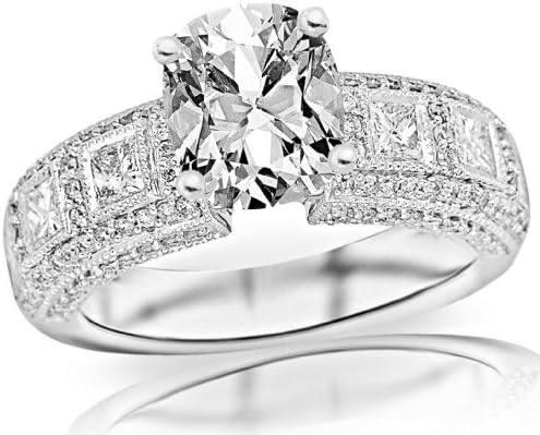 2.06 Carat Cushion Cut / Shape 14K White Gold Exquisite Bezel Set Princess Cut And Pave Set Round Diamond Engagement Ring ( J Color , VS2 Clarity ) - Size 5