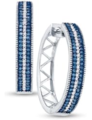10K White Gold Round Brilliant Cut Blue and White Diamond - Huggies Channel Set Round Circle Hoop Earrings - (1/2 cttw.)