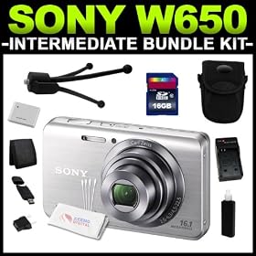 Sony Cyber-shot DSC-W650 16.1 MP Digital Camera with 5x Optical Zoom and 3.0-Inch LCD (Silver) Intermediate Bundle Kit includes (Charger, Battery, 16GB SD Card, Tripod, Camera Case, Card Reader, Card Wallet & Cleaning Kit)