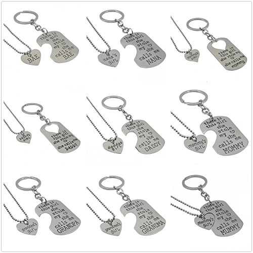 Fun Daisy Family Heart Love Silver Pendant Necklace and Keychain Set - Mom Daddy Grandma Grandpa Nana Bae