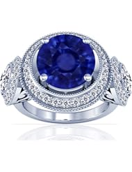 18K White Gold Round Cut Blue Sapphire Ring With Sidestones