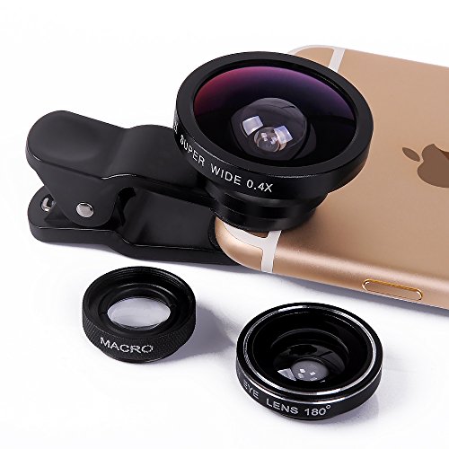 LuxsureÂ® Universal 3 In 1 Phone Camera Lens Kit with 0.4X Super Wide Angle Lens, 180 Degree Fish Eye Lens and 10X Macro Phone Lens for iPhone, Samsung, Blackberry and Most Smartphones (Black)