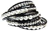 Wrap Bracelet Thalia White Pearl and Silver Beads on Black Leather, Wraps 5 to 6 Times