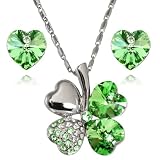 Lucky Love 18k Gold Plated Heart Shaped Four Leaf Clover Swarovski Crystal Pendant Necklace and Earrings Set - Peridot Green