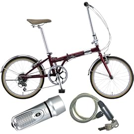 CHEVROLET(シボレー) 20インチ6段折畳自転車 CHEVY FDB206N レッド / LED5連ライト / アルミディンブル錠 JC-005W シルバー 3点セット