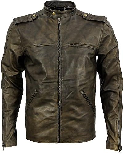 VIPARO Distressed Beige Cafe Racer Leather Jacket - Brad Distressed Beige XL