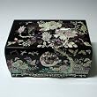 Mother of Pearl Flower Asian Lacquer Women Black Wooden Mirror Jewelry Trinket Keepsake Treasure Gift Girls Necklace Ring Embroidery Box Chest Case Organizer with Peony Design and Fish Lock Key