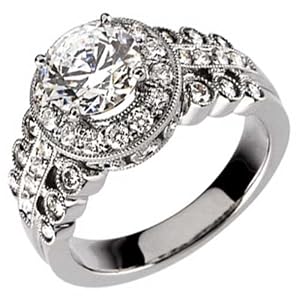 14K White Gold Vintage Style Diamond Engagement Ring (Center stone is not included)