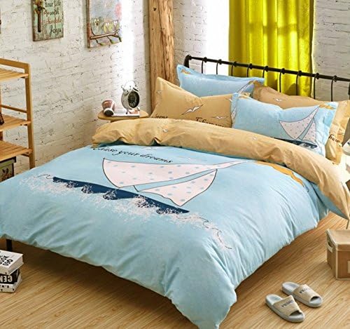 Queen Size Blue And White Sailing Boat Bedding Set,Cotton Bedding Set, Queen Comforter Cover,Kid's Bedding Set,Bedding Set,Bedding Cover Sets,