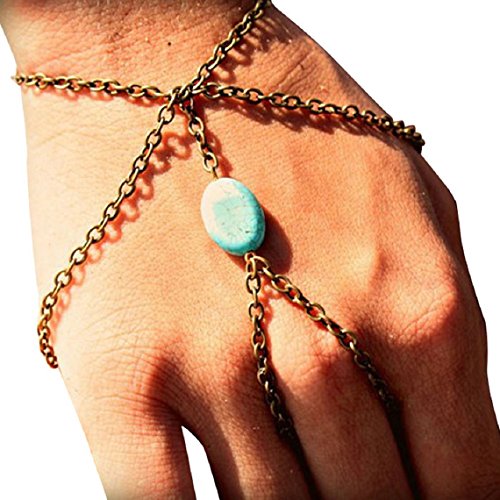 ZPS(TM) Fashion Bracelet Finger Ring Bangle Slave Chain Retro Bronze Turquoise