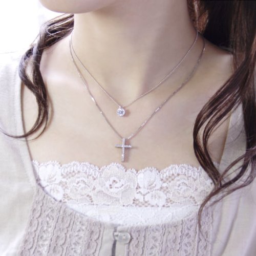 【me.加藤夏希プロデュース】二連ネックレス プラチナコーティング シルバーCZ×クロス
