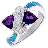 Sterling Silver, Synthetic Opal Inlay Ring w/ Double Heart Shape Amethyst CZ, 7/16 (11 mm) Wide