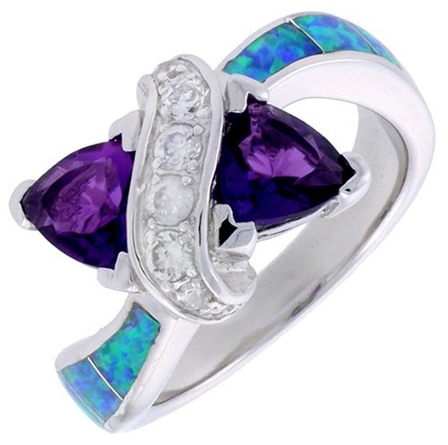 Sterling Silver, Synthetic Opal Inlay Ring w/ Double Heart Shape Amethyst CZ, 7/16\