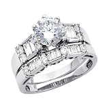 14K White Gold Ladies Round & Baguette CZ Cubic Zirconia Wedding Engagement Ring and Wedding Band 2 Two Piece Set