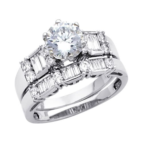 14K White Gold Ladies Round & Baguette CZ Cubic Zirconia Wedding Engagement Ring and Wedding Band 2 Two Piece Set 14K White Gold Ladies Round & Baguette CZ Cubic Zirconia Wedding Engagement Ring and Wedding Band 2 Two Piece Set