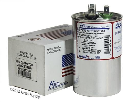 55 + 10 uf / Mfd Round Dual Universal Capacitor Replacement Amrad USA2218BA Replacement - used for 370 or 440 VAC , Made in the U.S.A.