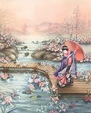 Oriental Lady Fish Pond Garden Asian Art Poster Print - 20" X 16"