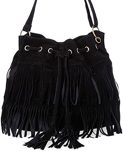 Fashionmall2015 Tassel Fringe Shoulder Bag Hobo Tote with Handbags Messenger Bag (Black)