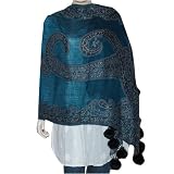 Rectangular Wool Scarf Clothes For Winter Handcrafted Gifts India Dress with Pom-Pom 28 x 72