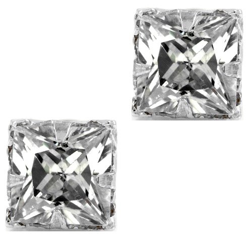 Clear CZ Square Princess Cut Magnetic Men Stud Sterling Silver Earrings