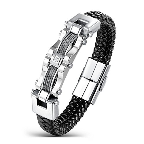 Areke Men's Stainless Steel Braided Leather Bracelets, CZ Punk Cuff Bracelet Bangle Silver 7.5-8.5 Inch Item Length 8.0 inch
