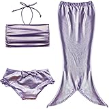 iEFiEL Girls 3pcs Swimmable Princess Mermaid Swimsuit Open Tail Hair Band (9-10, Ruched Top Purple)